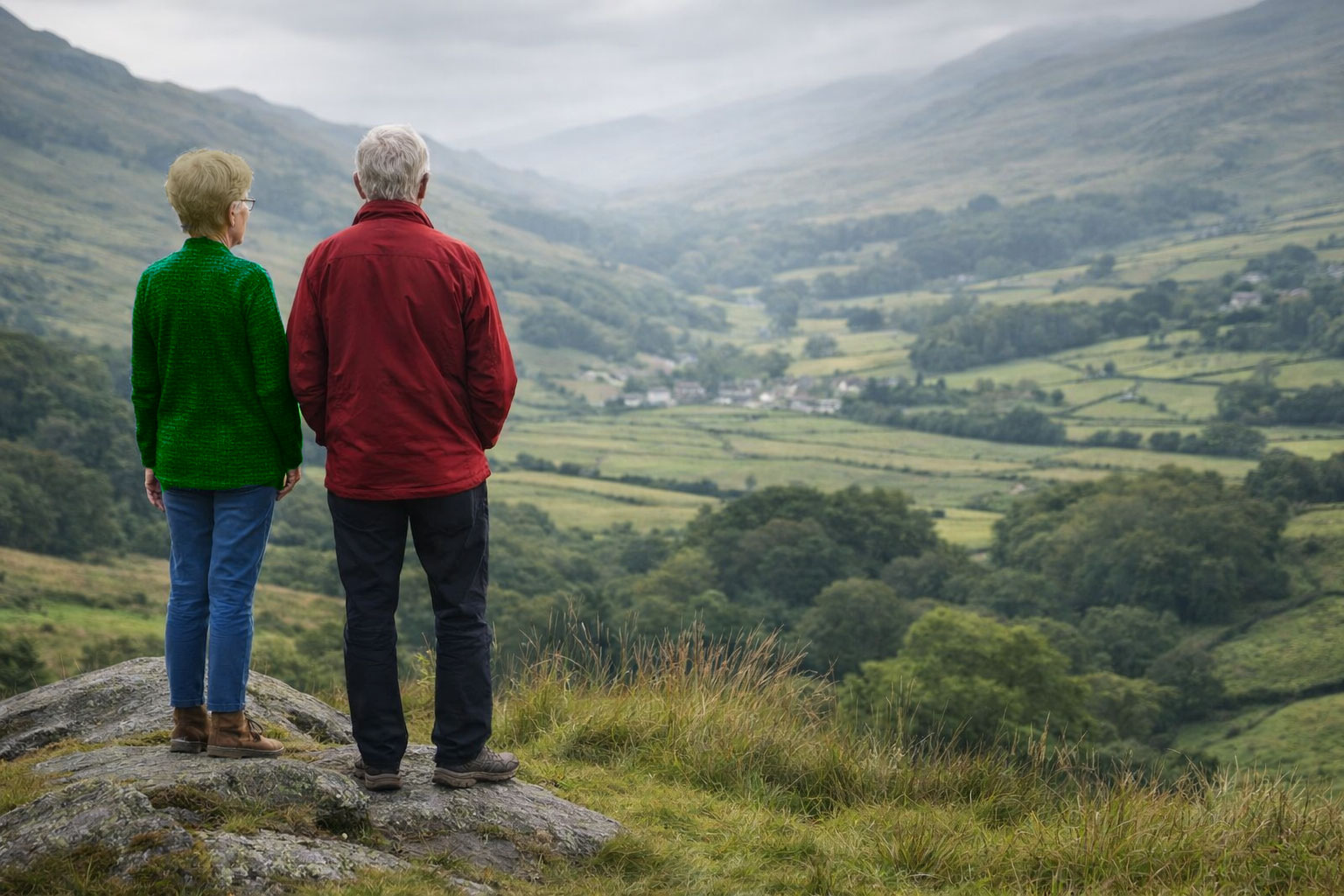 Mann und Frau blicken in Landschaft